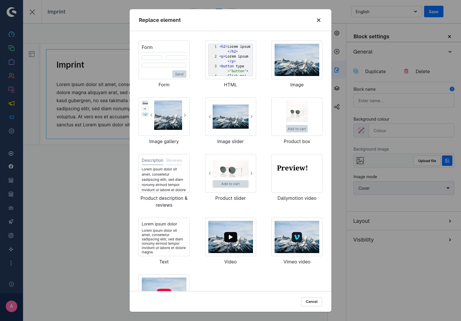 The image shows the "Replace element" modal to replace the current block with another element. Depicted is the Dailymotion element which has the text "Preview!" as the element preview as configured in this example.