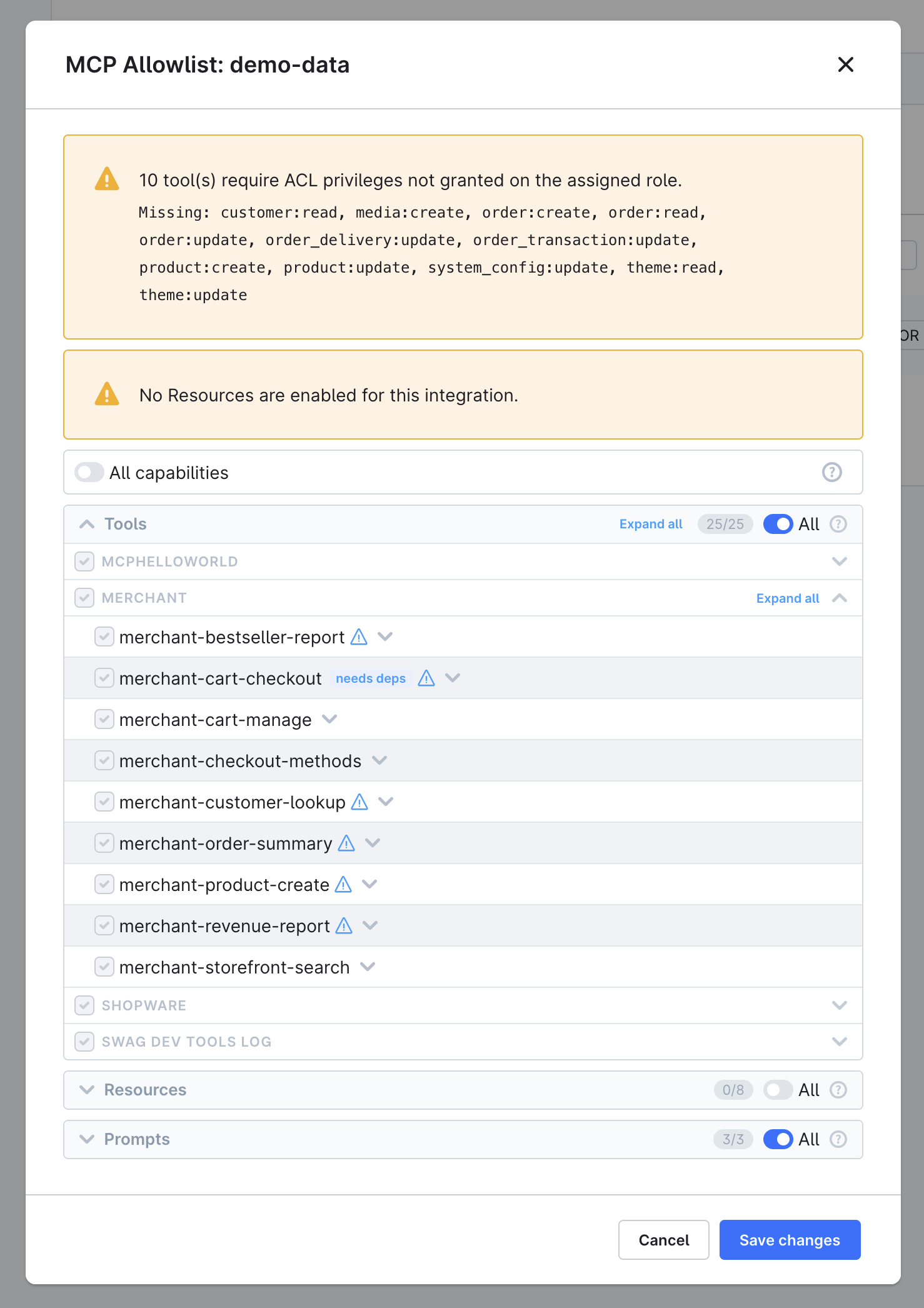 Allowlist modal with all tools selected, showing inline privilege warnings
